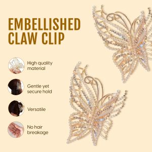Alternative view of Matra Embellished Butterfly Wings Rhinestone Pearl Studded Gold Hair Clutcher