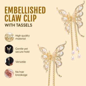 Alternative view of Matra Embellished Butterfly Wings Rhinestone Tassel Pearl Studded Gold Hair Clutcher