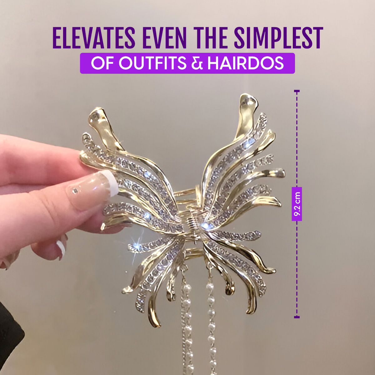 Matra Embellished Butterfly Wings Rhinestone Tassel Pearl Studded Silver Hair Clutcher - Image 3