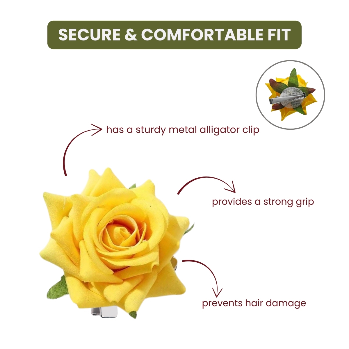 Matra Rose Artificial Flower Hair Clip Bridal Floral Brooch Pin Bun Braid Juda Yellow - Image 3