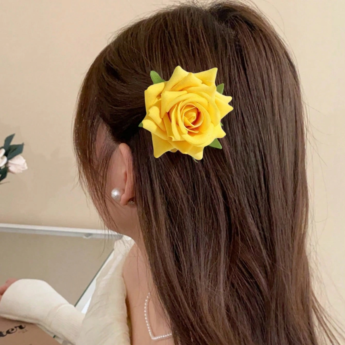 Matra Rose Artificial Flower Hair Clip Bridal Floral Brooch Pin Bun Braid Juda Yellow - Image 4
