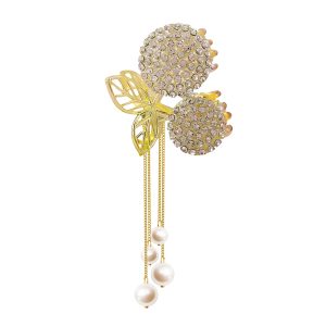 Matra Embellished Cherry Rhinestone Tassel Pearl Studded Gold Hair Clutcher
