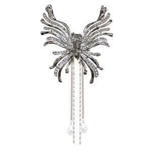 Matra Embellished Butterfly Wings Rhinestone Tassel Pearl Studded Silver Hair Clutcher