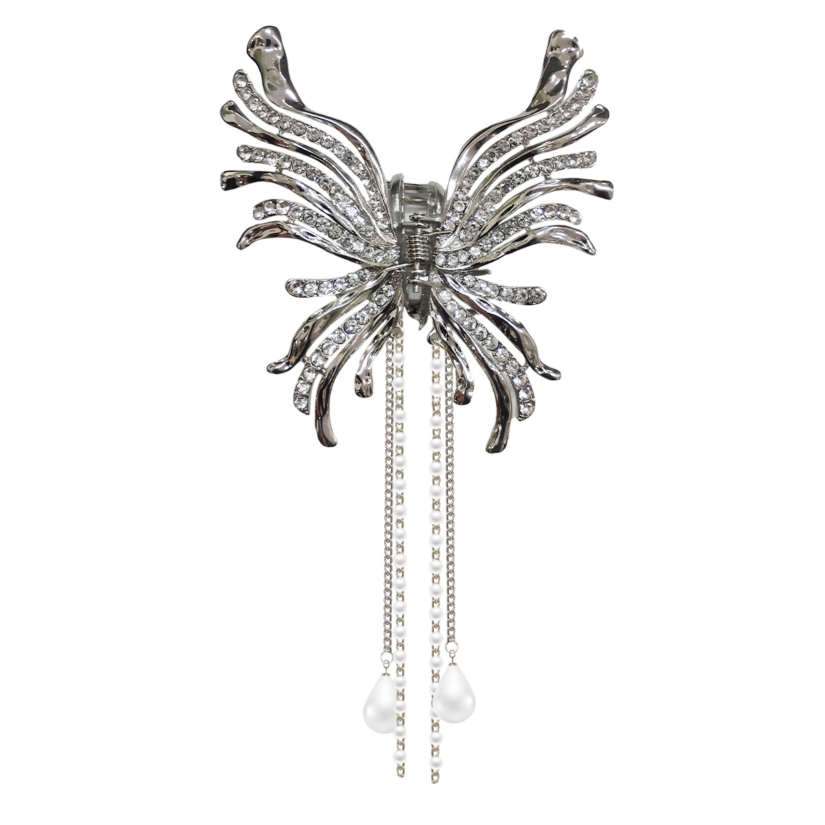 Matra Embellished Butterfly Wings Rhinestone Tassel Pearl Studded Silver Hair Clutcher