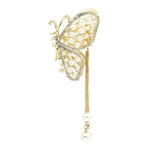Matra Embellished Butterfly Rhinestone Tassel Pearl Studded Gold Hair Clutcher