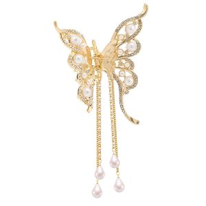 Matra Embellished Butterfly Wings Rhinestone Tassel Pearl Studded Gold Hair Clutcher