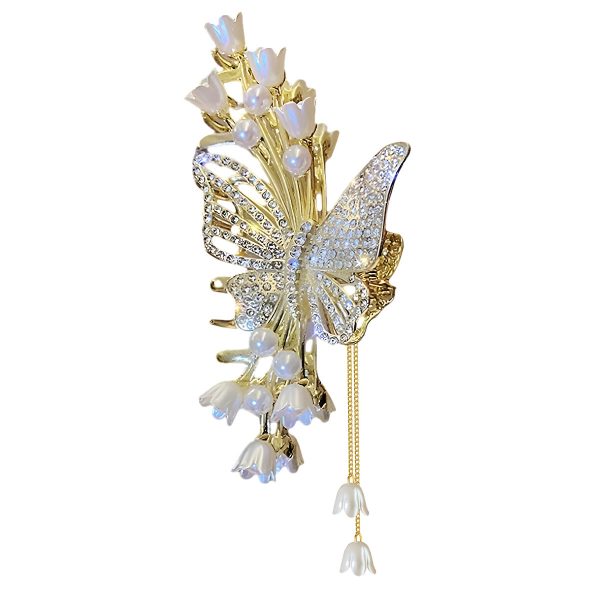 Matra Embellished Butterfly Flower Rhinestone Tassel Pearl Gold Hair Clutcher