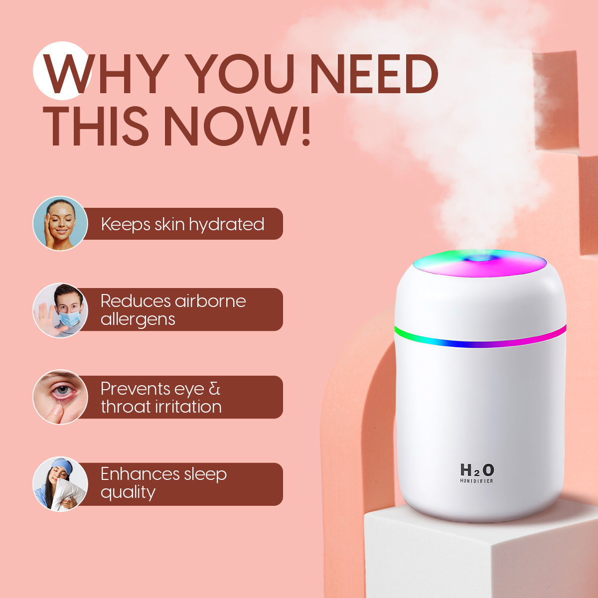 Matra Ultrasonic Humidifier Cool Mist Diffuser for Room Bedroom Home Office with LED Night Light - Image 3