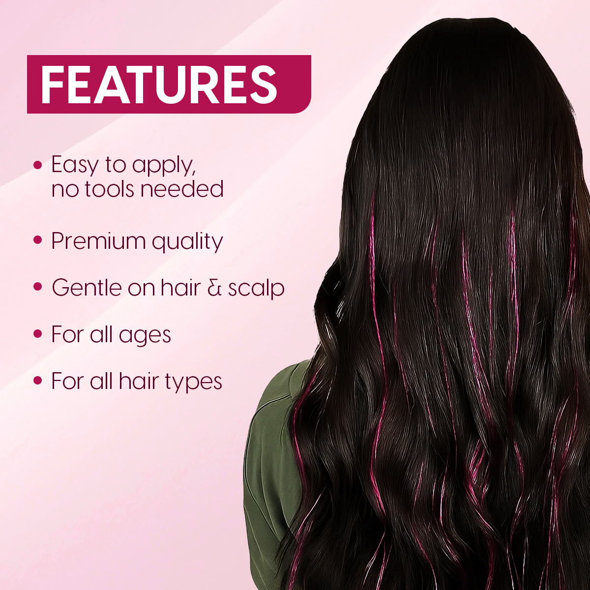 Matra Tinsel Hair Extensions Glitter Highlight Strands Sparkling Colored Fairy Hair Strips (Pink) - Image 3