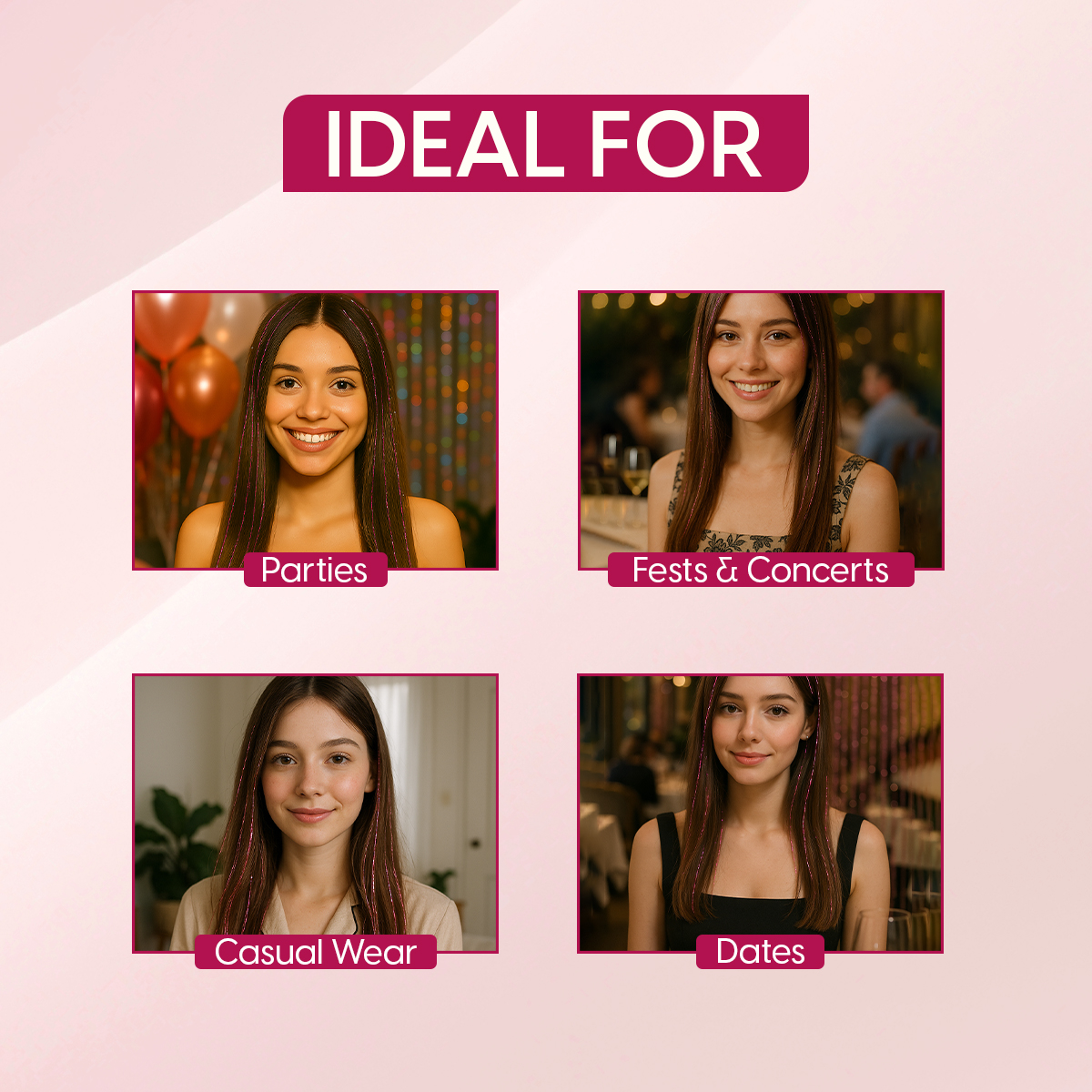 Matra Tinsel Hair Extensions Glitter Highlight Strands Sparkling Colored Fairy Hair Strips (Pink) - Image 5