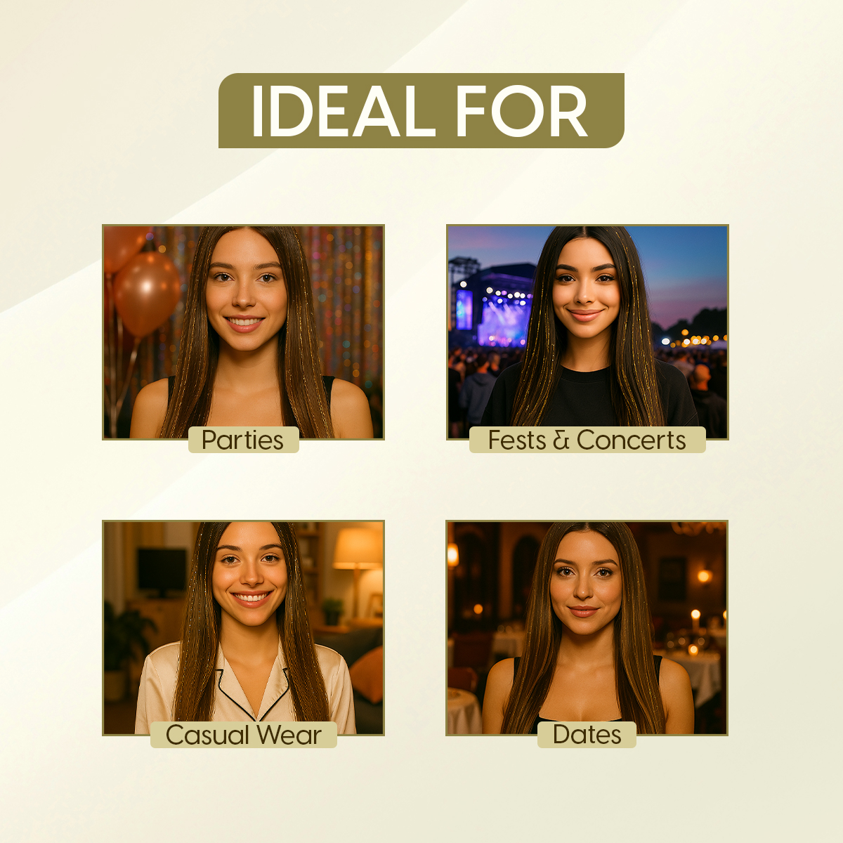 Matra Tinsel Hair Extensions Glitter Highlight Strands Sparkling Colored Fairy Hair Strips (Golden) - Image 5