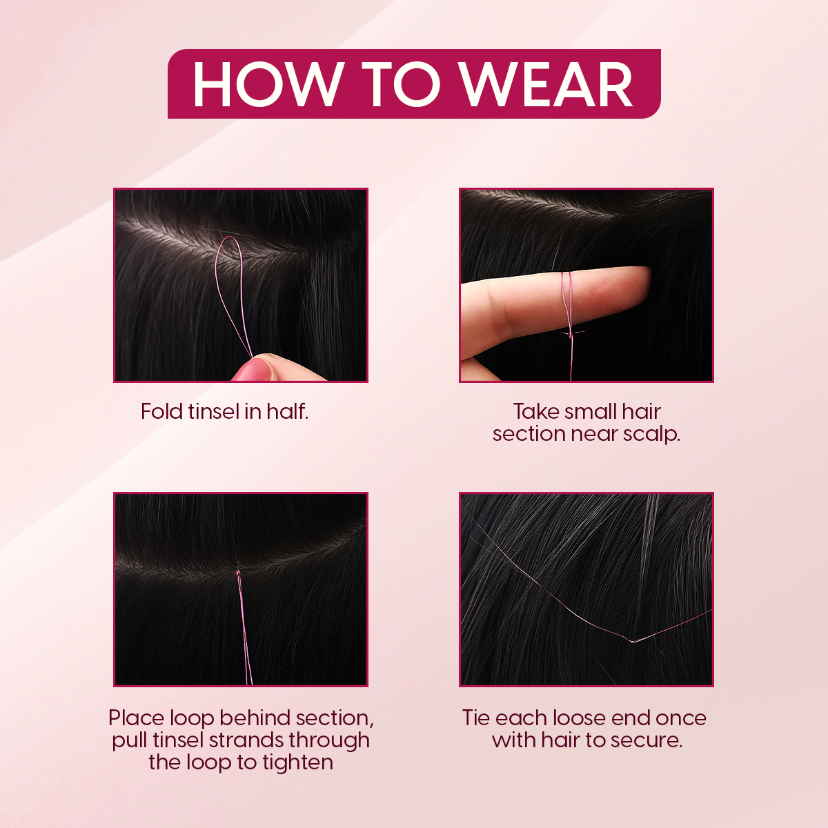 Matra Tinsel Hair Extensions Glitter Highlight Strands Sparkling Colored Fairy Hair Strips (Pink) - Image 6