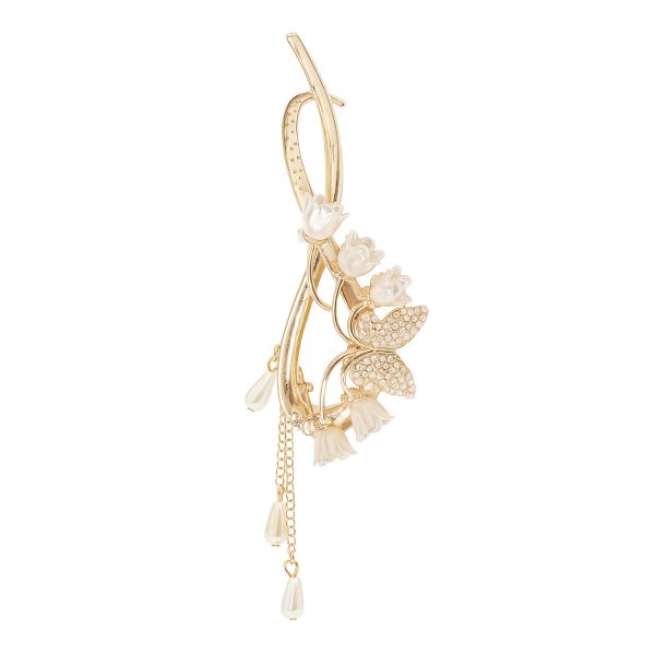 Matra Banana Clip Embellished Butterfly Pearl Tassel Hair Claw Clutcher Twist Flower Gold Accessory