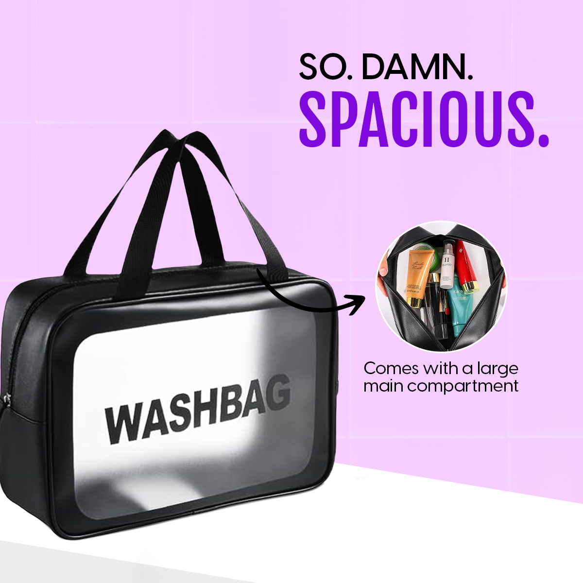 Matra Wash Bag Transparent Travel Toiletry Organizer Makeup Cosmetic Pouch Kit Handle Large Black - Image 2