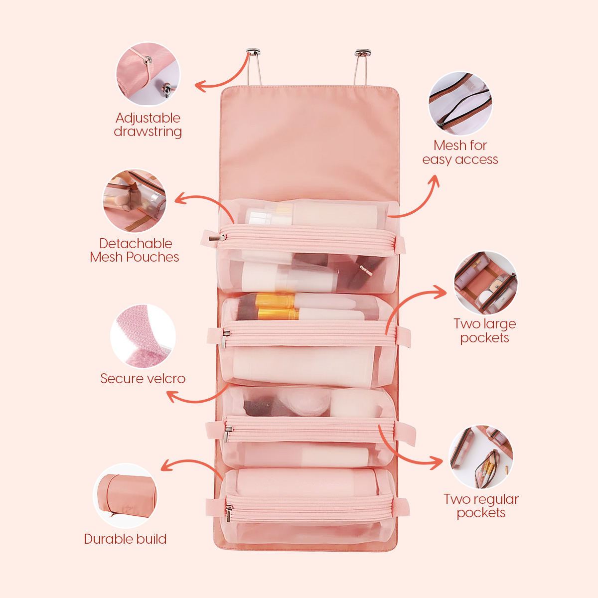 Matra Roll-Up Makeup Pouch Cosmetic Travel Organizer Hanging Toiletry Bag Skincare Vanity Kit Pink - Image 4