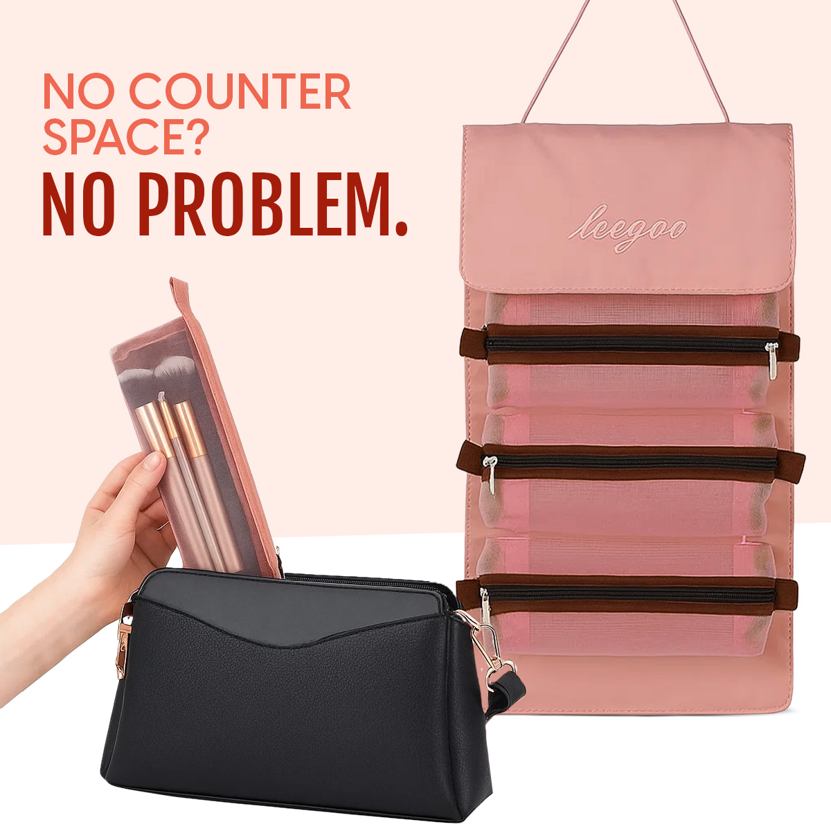 Matra Roll-Up Makeup Pouch Cosmetic Travel Organizer Hanging Toiletry Bag Skincare Vanity Kit Pink - Image 5