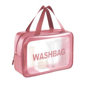 Matra Wash Bag Transparent Travel Toiletry Organizer Makeup Cosmetic Pouch Kit Handle Large Pink