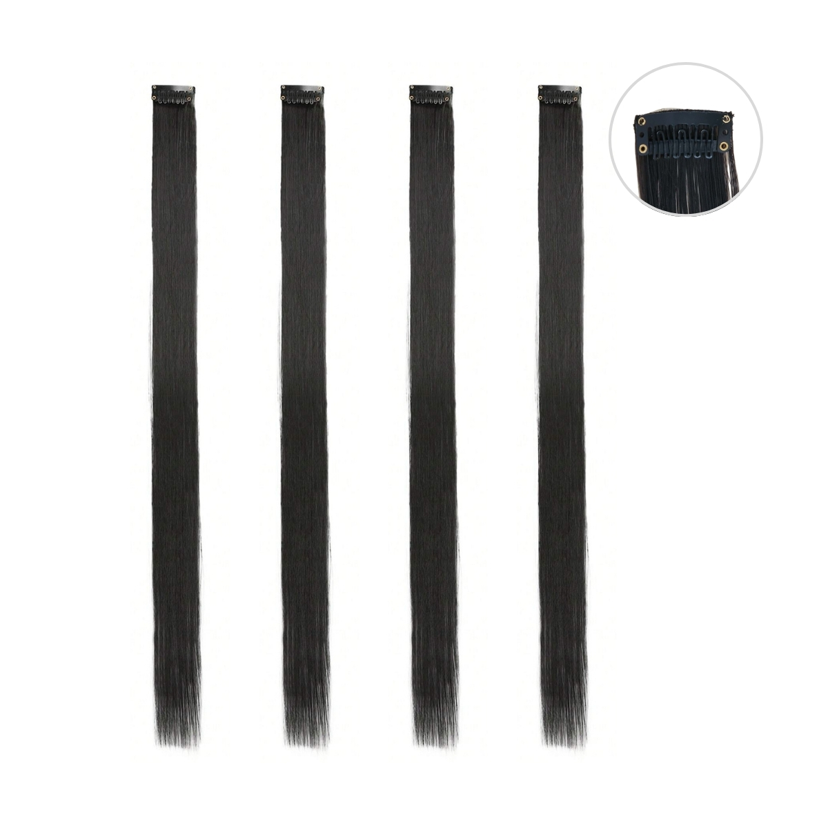 Matra Black Hair Extensions Straight Artificial Clip On Strip Synthetic Long Wig Streak 55cm 4Pc