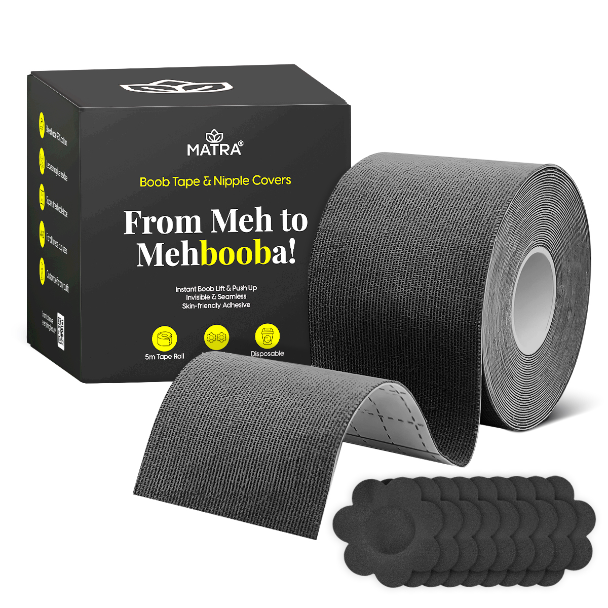 Matra 5m Boob Tape 10 Disposable Nipple Cover Pasties Body Tape Roll for Breast Lift & Push Up Black
