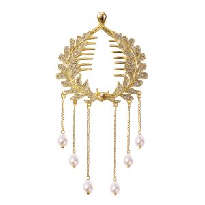Matra Luxe Hair Bun Clip Pearl Tassel Rhinestone Pony Holder Crystal Juda Claw Clutcher White Gold