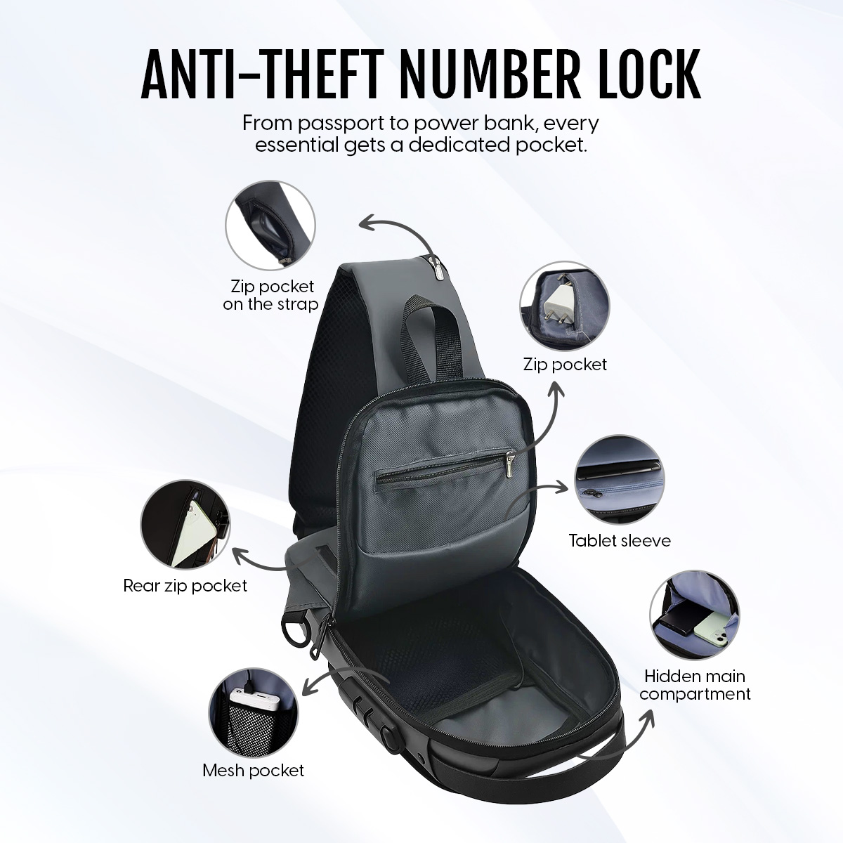 Matra Anti-Theft Crossbody Sling Bag USB Charging Port Lock Travel Shoulder Chest Backpack for Men - Image 2