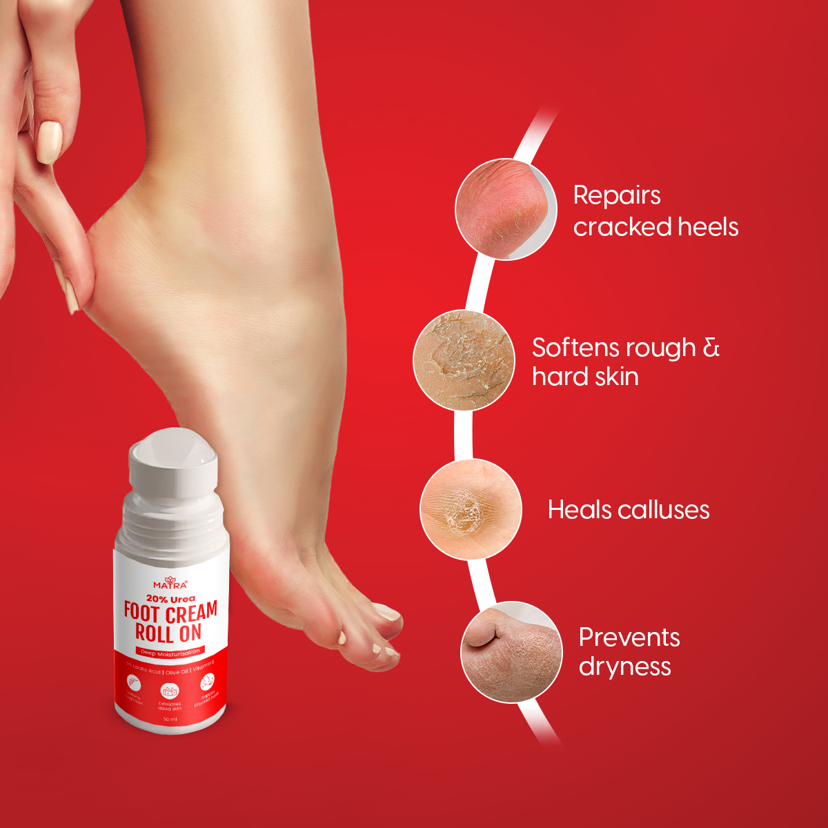 Matra 20% Urea Foot Cream Roll On for Cracked Heels & Dry Feet with Lactic Acid - Softens & Repairs - Image 6