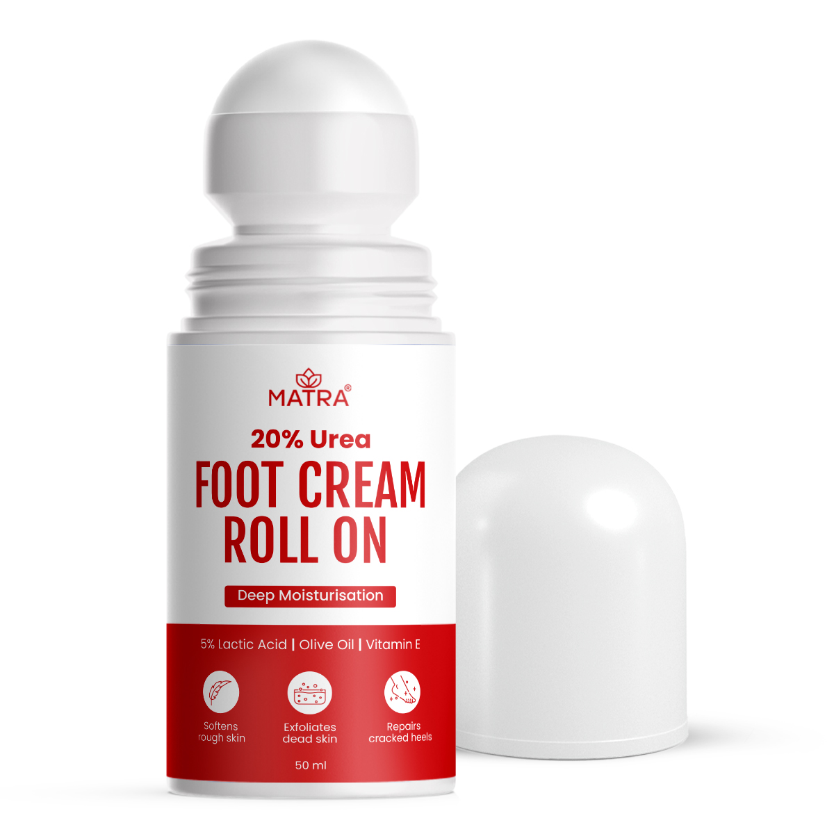 Matra 20% Urea Foot Cream Roll On for Cracked Heels & Dry Feet with Lactic Acid - Softens & Repairs