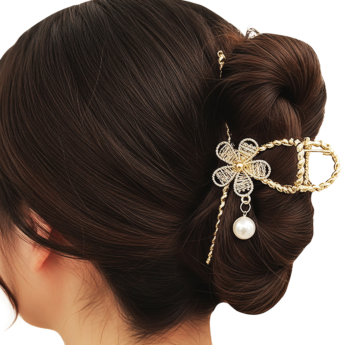 Matra Luxe Claw Clip Hair Clutcher Gold Flower Big Large Fancy Crystal Rhinestone Pearl Clutches - Image 2