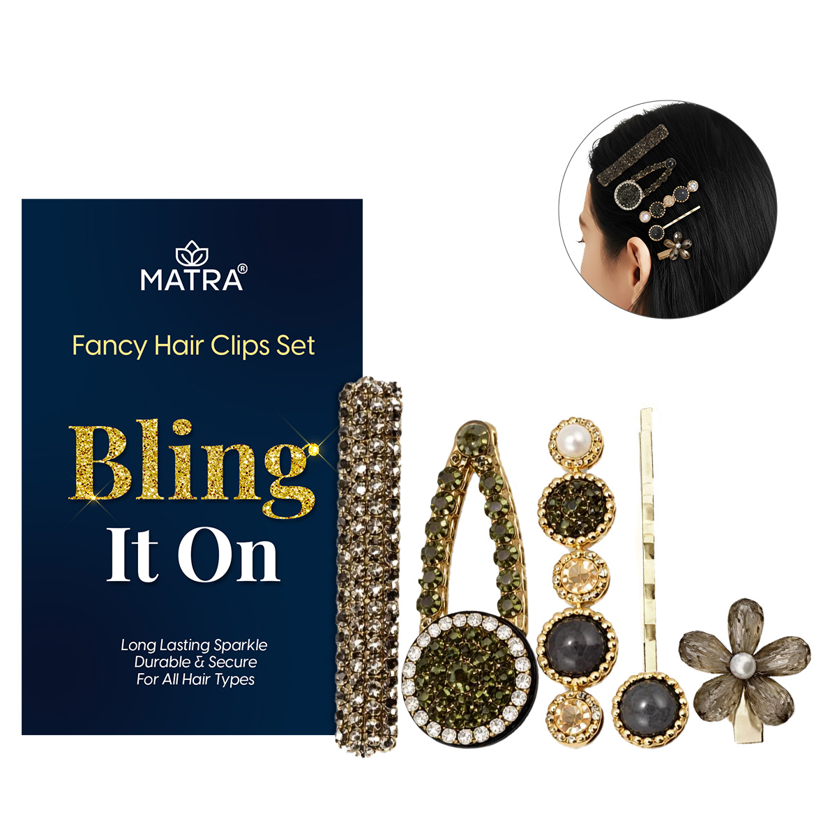 Matra Hair Clips Fancy Rhinestone Barrettes & Flower Claw Clutchers Crystal Stone Pins Set 5Pc Black