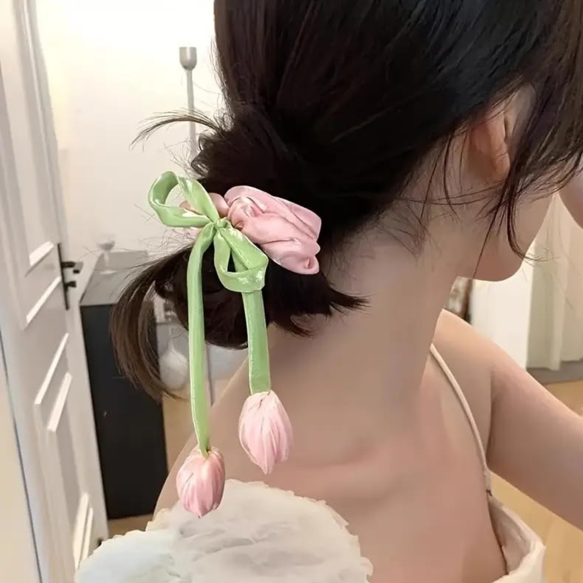 Matra Tulip Flower Hair Scrunchie with Bow Rubber Band Floral Ties 3Pc for Women & Kids Random Color - Image 3