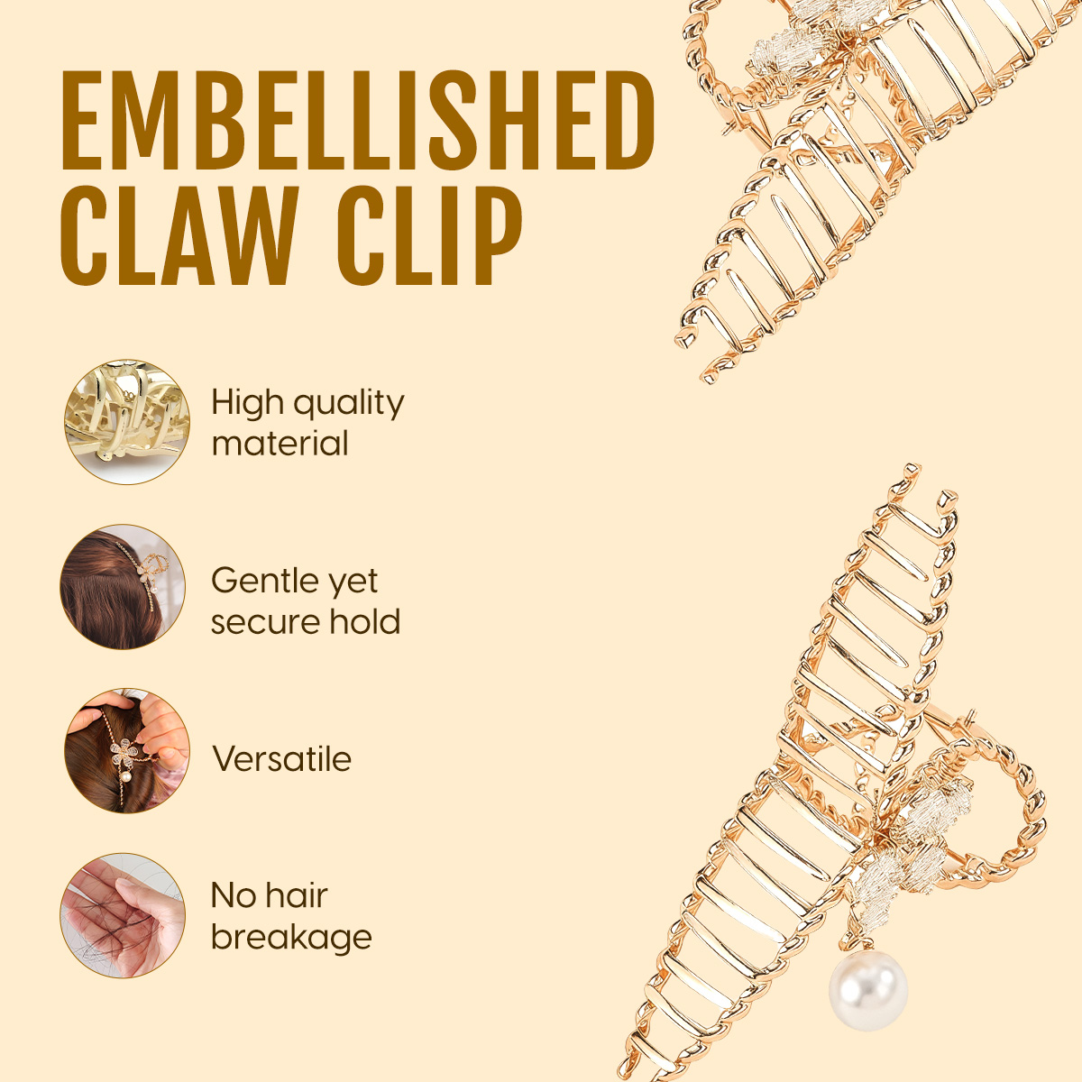 Matra Luxe Claw Clip Hair Clutcher Gold Flower Big Large Fancy Crystal Rhinestone Pearl Clutches - Image 3