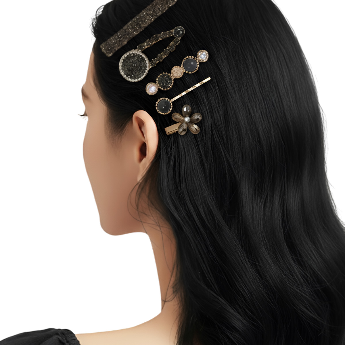 Matra Hair Clips Fancy Rhinestone Barrettes & Flower Claw Clutchers Crystal Stone Pins Set 5Pc Black - Image 2