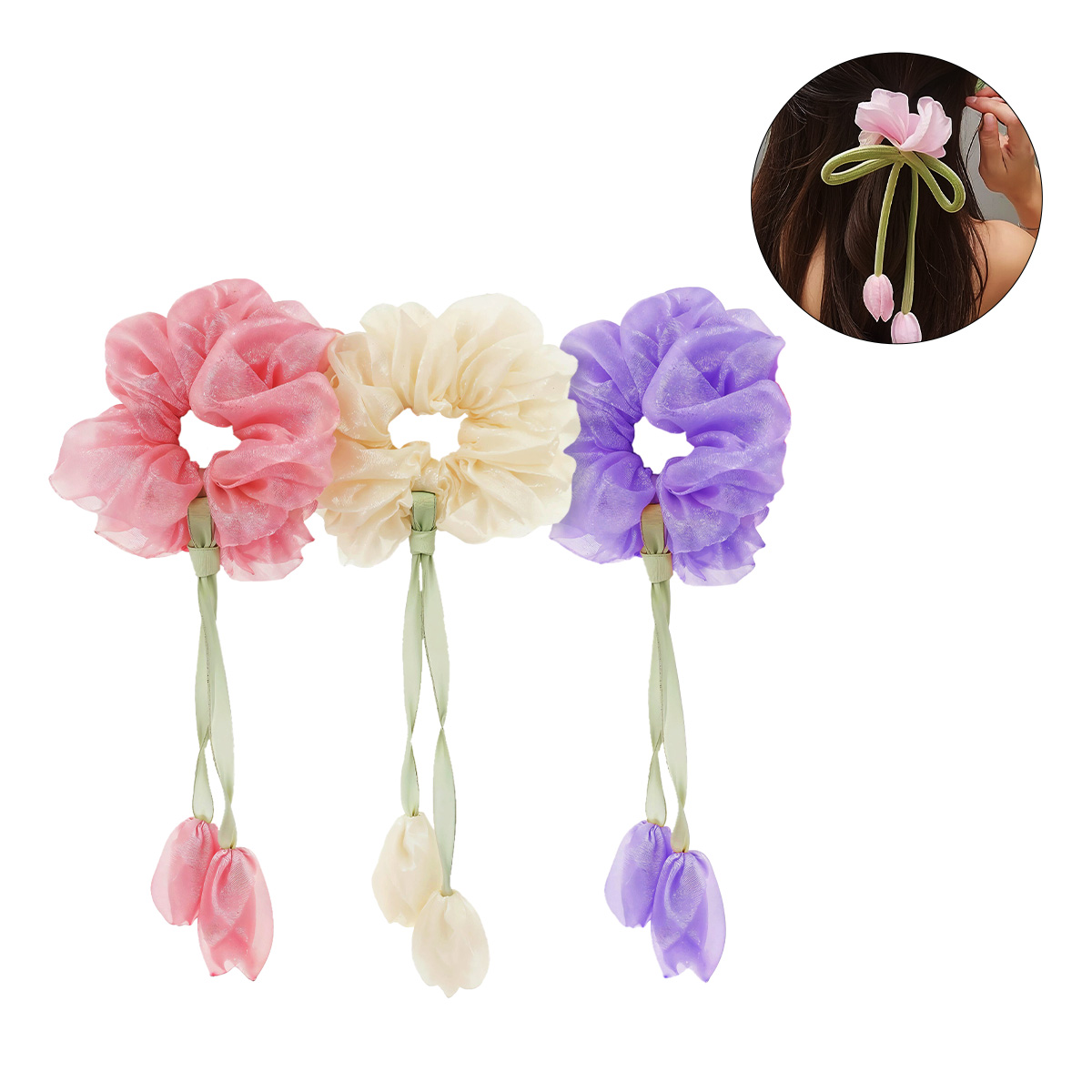Matra Tulip Flower Hair Scrunchie with Bow Rubber Band Floral Ties 3Pc for Women & Kids Random Color