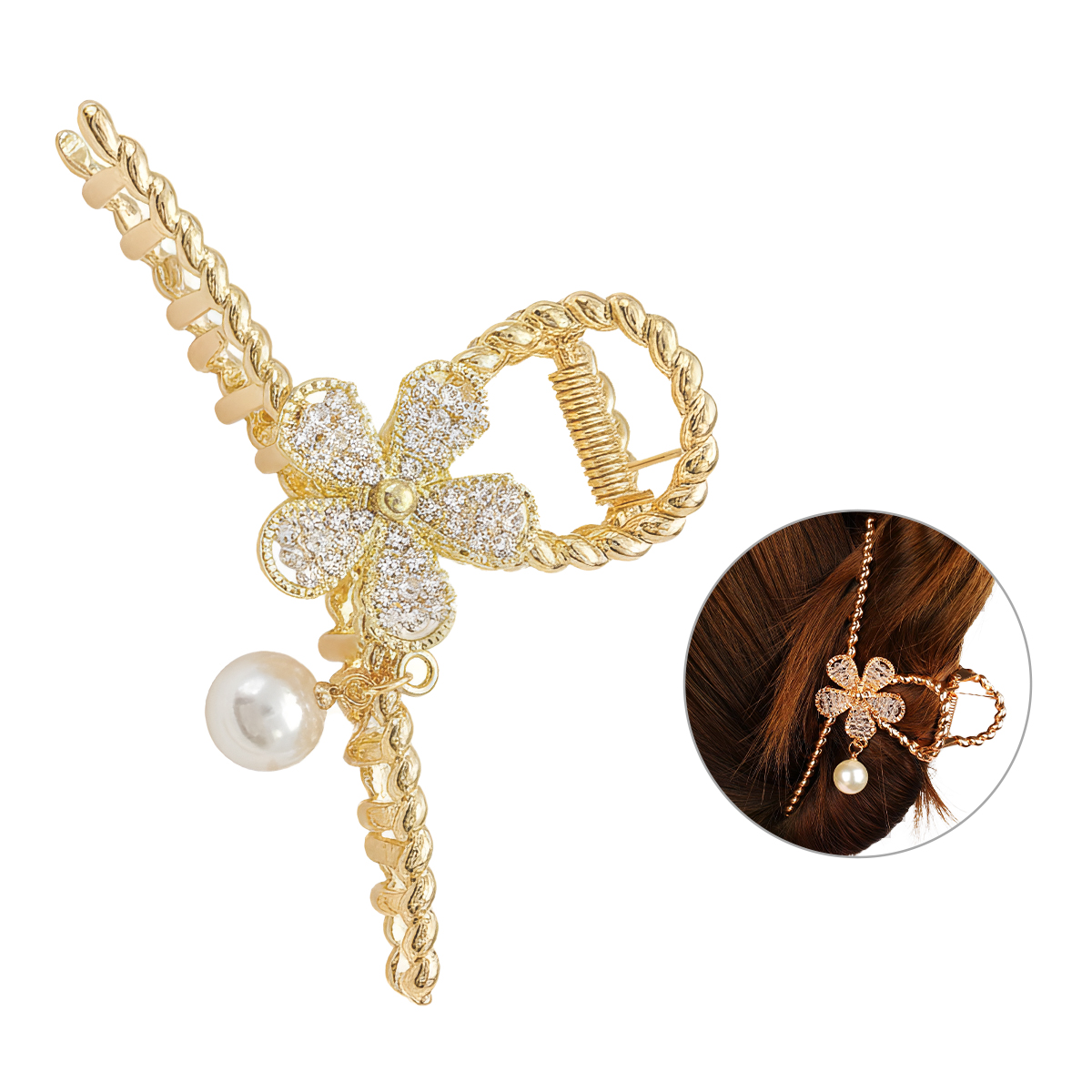 Matra Luxe Claw Clip Hair Clutcher Gold Flower Big Large Fancy Crystal Rhinestone Pearl Clutches