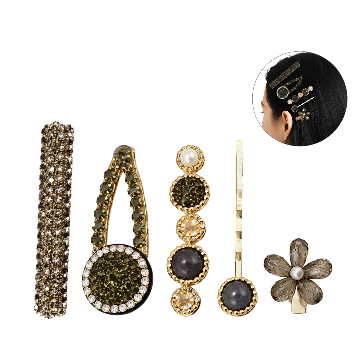 Matra Hair Clips Fancy Rhinestone Barrettes & Flower Claw Clutchers Crystal Stone Pins Set 5Pc Black - Image 3