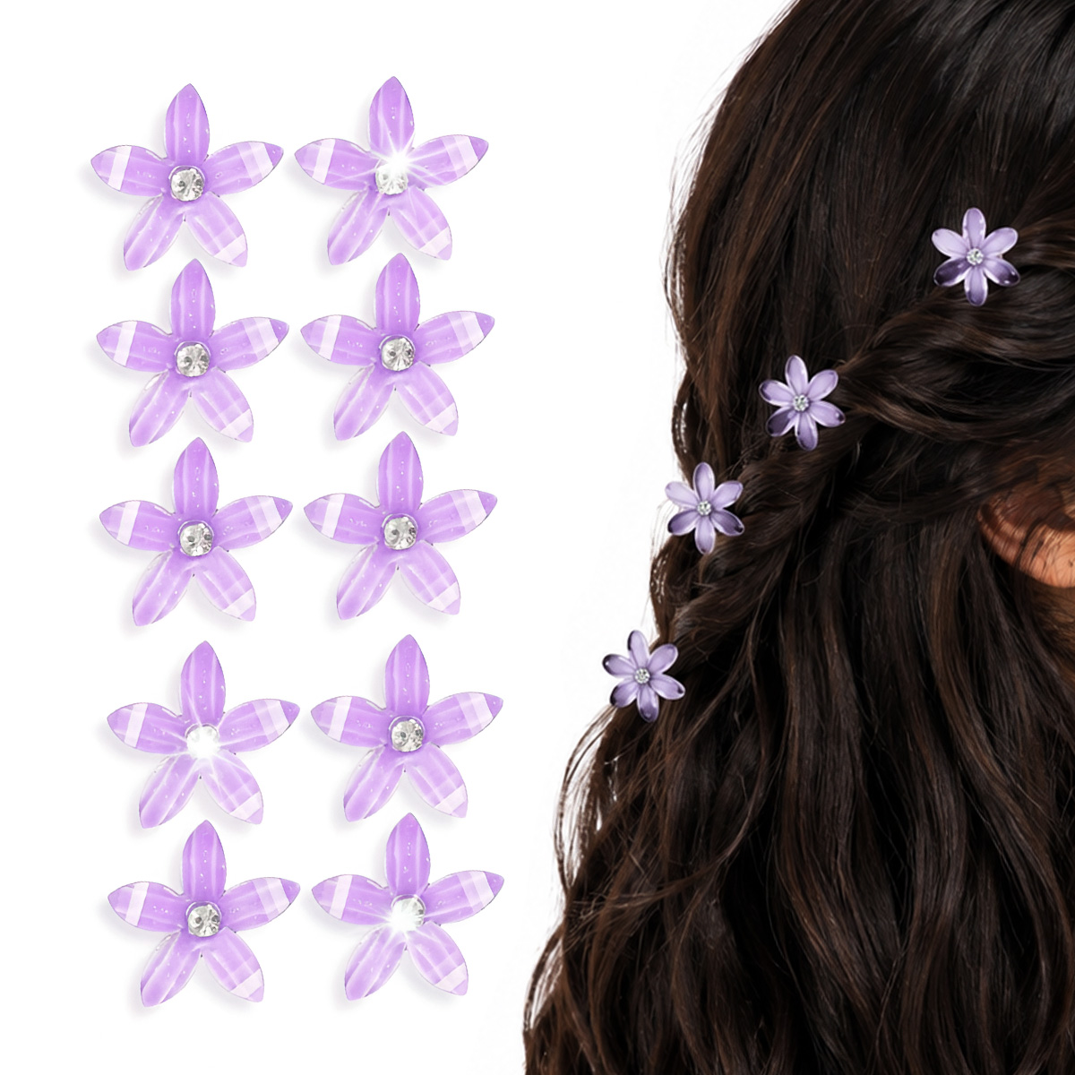 Matra Flower Hair Clips Small Clutchers Cute Mini Crystal Pigtail Pony Braid Purple Set of 10 Kids