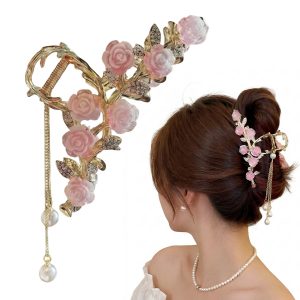 Matra Luxe Golden Claw Clip Hair Clutcher Embellished Metal Pink Rose, Pearls & Flower Large Big