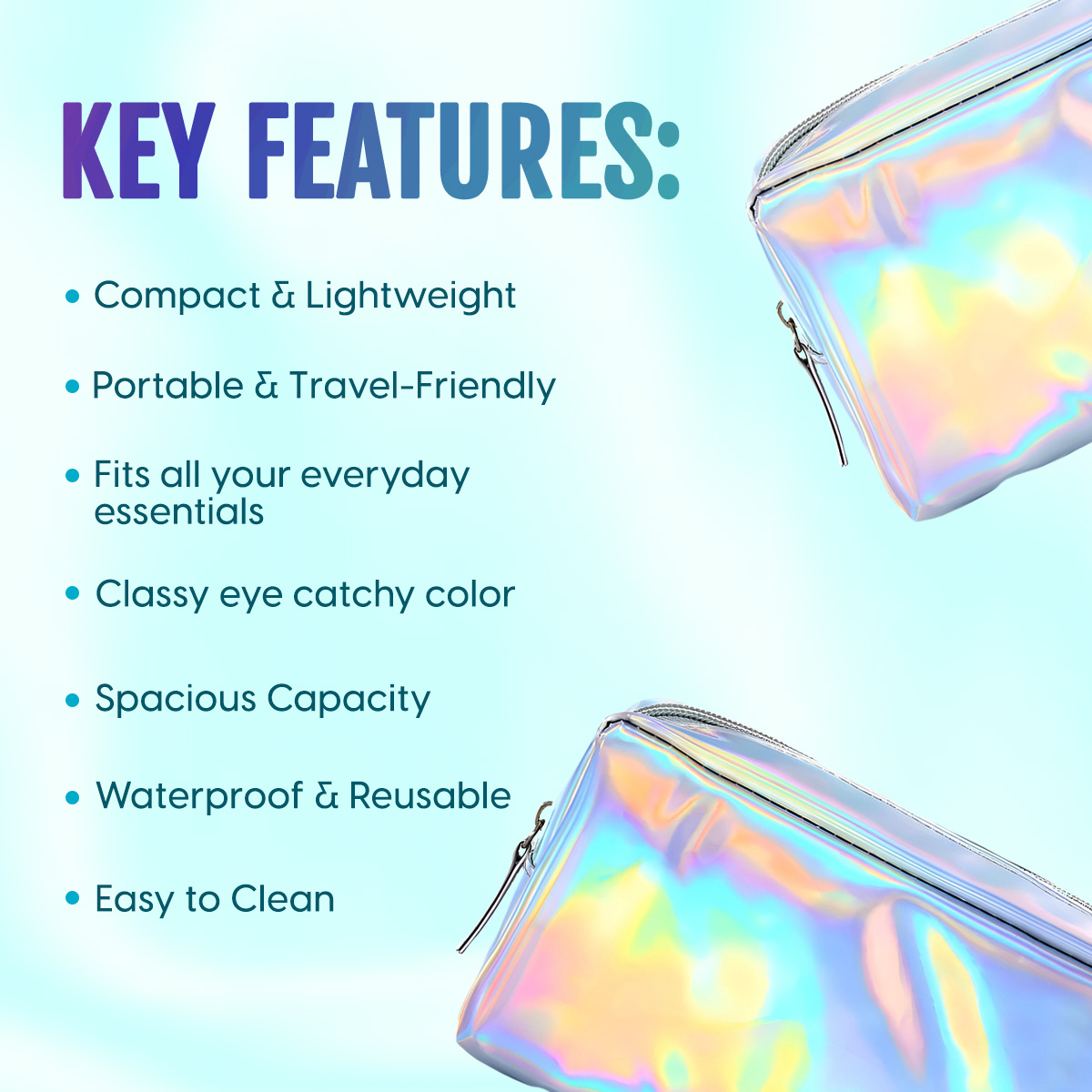 Matra Holographic Makeup Pouch Bag Multiuse Cosmetic Travel Organizer Vanity & Toiletry Storage Kit - Image 2