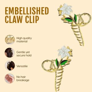 Alternative view of Matra Luxe Claw Clip Hair Clutcher Golden Fancy White Lily Flower Big Large Floral Metal Clutches