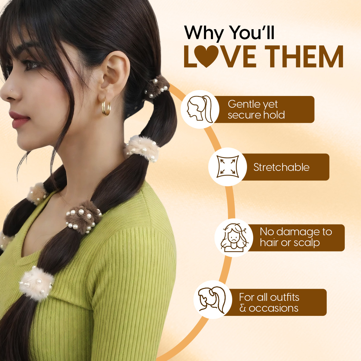 Matra Faux Fur & Pearls Scrunchie Hair Ties Fuzzy Rubber Bands Soft Ponytail Holders Assorted Colors - Image 2