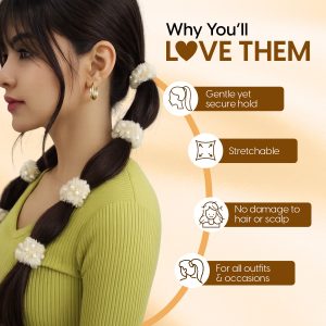 Alternative view of Matra Faux Fur & Pearls Scrunchie Hair Ties Fuzzy Rubber Bands Soft Ponytail Holders (Any Colour)