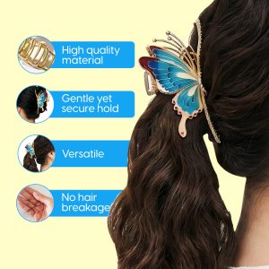 Alternative view of Matra Hair Claw Clips Clutcher Embellished Gold Butterfly in Blue Large Big Fancy Metal Clutches