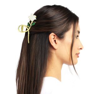 Matra Luxe Claw Clip Hair Clutcher Golden Fancy White Lily Flower Big Large Floral Metal Clutches