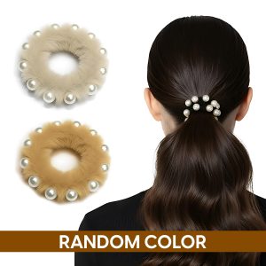 Matra Faux Fur & Pearls Scrunchie Hair Ties Fuzzy Rubber Bands Soft Ponytail Holders Assorted Colors