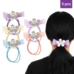 Matra Hair Rubber Bands Flower Ties Elastic Scrunchies with Crystal Beads Glitter Shimmer Ribbon Bow