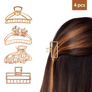 Matra Hair Claw Clips Geometric Butterfly & Flower Metal Clutchers Gold Tone Minimalist Medium-Small
