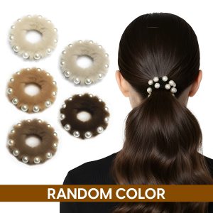 Matra Faux Fur & Pearls Scrunchie Hair Ties Fuzzy Rubber Bands Soft Ponytail Holders Assorted Colors