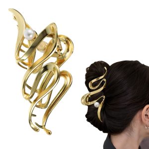 Matra Hair Claw Clips Clutcher Gold Snake Shape Wave Fancy Metal Pearl Accessory Big Large Clutches