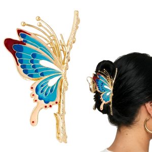 Matra Hair Claw Clips Clutcher Embellished Gold Butterfly in Blue Large Big Fancy Metal Clutches