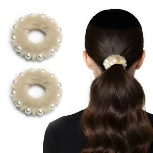 Matra Faux Fur & Pearls Scrunchie Hair Ties Fuzzy Rubber Bands Soft Ponytail Holders (Any Colour)